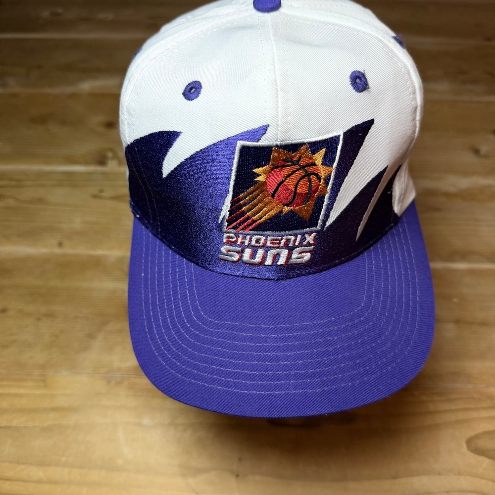 Vintage Phoenix Suns Logo 7 Snapback Hat NBA White Purple 90s Basketball Shark